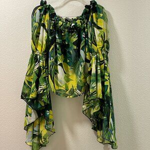 NWT, LIVE 4 TRUTH Angel Sleeve Off Shoulder Crop Blouse Sheer Woven, Green - XL